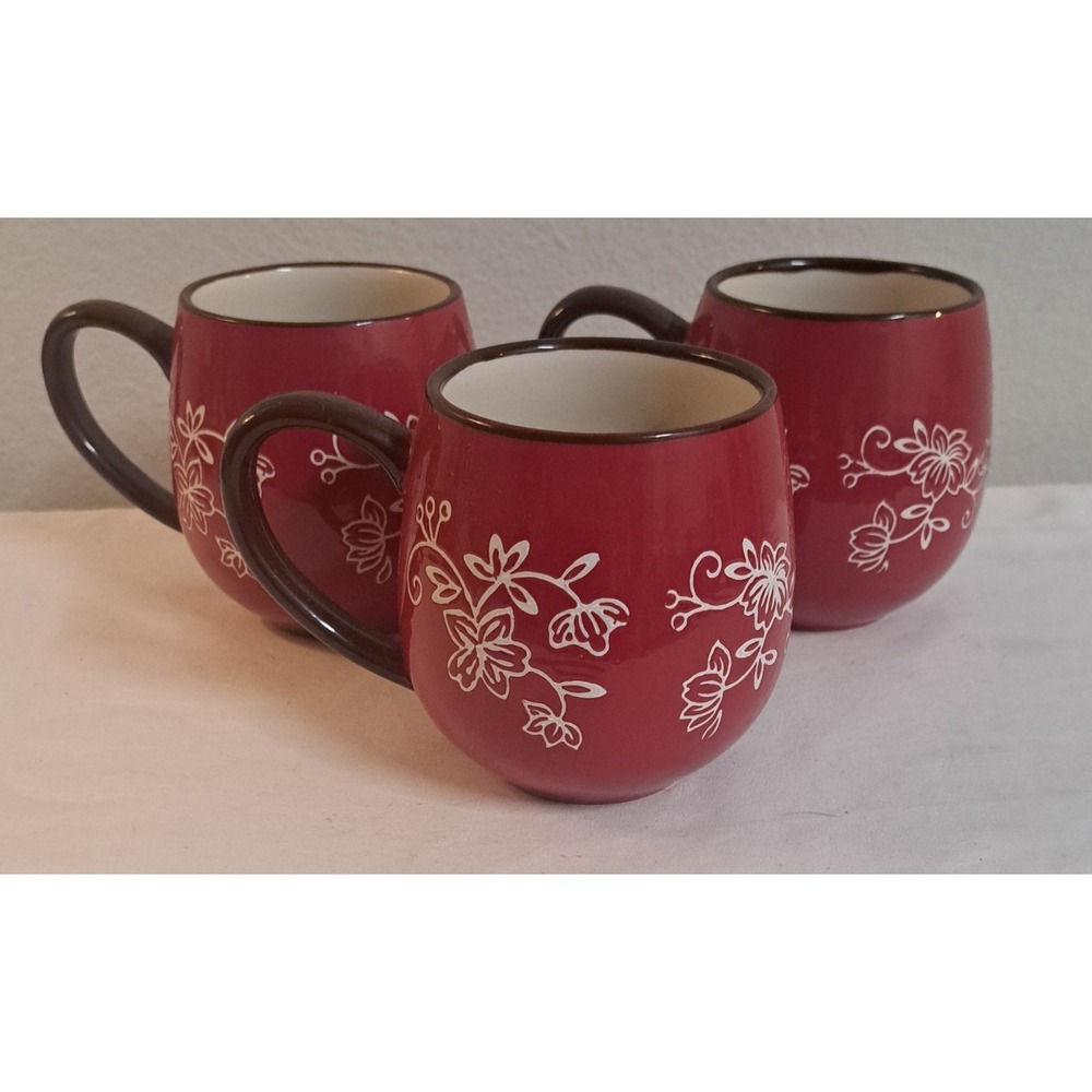 Temp-tations Floral Lace Cranberry Red 14 oz Coffee Mugs Set of 3 by Tara